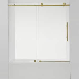Villena 60 in. W x 58 in. H Single Sliding Frameless Tub Door in Brushed Gold with Clear Glass