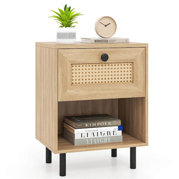 1-Pieces Natural 1 Drawer 16 in. W Rattan Nightstand Boho End Table with Drawer and Open Shelf for Living Room