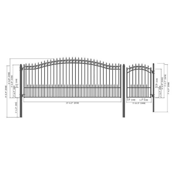 ALEKO 21 ft. x 6 ft. Black Steel Dual Swing Driveway Gate Paris Style 16 ft. with Pedestrian Gate 5 ft. Fence Gate