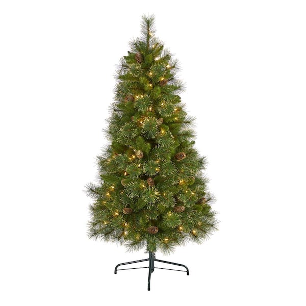 Nearly Natural 5 ft. Pre-Lit Golden Tip Washington Pine Artificial Christmas Tree with 150 Clear Lights and Pine Cones