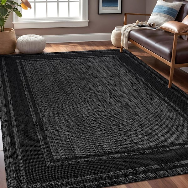 Essence Black/Gray 10 x 14 ft. Bordered Easy to Clean Indoor Outdoor Area Rug