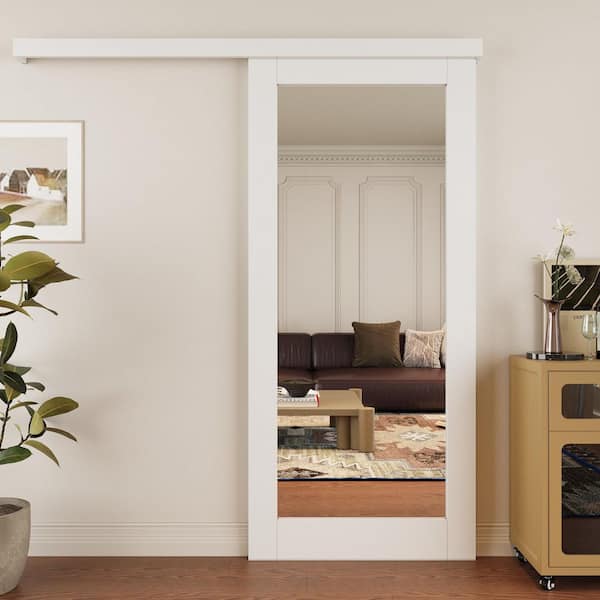 36 in. x 80 in. 1-Lite Full Length Mirrored Glass White Primed MDF Hidden Track Sliding Barn Door with Hardware Kit