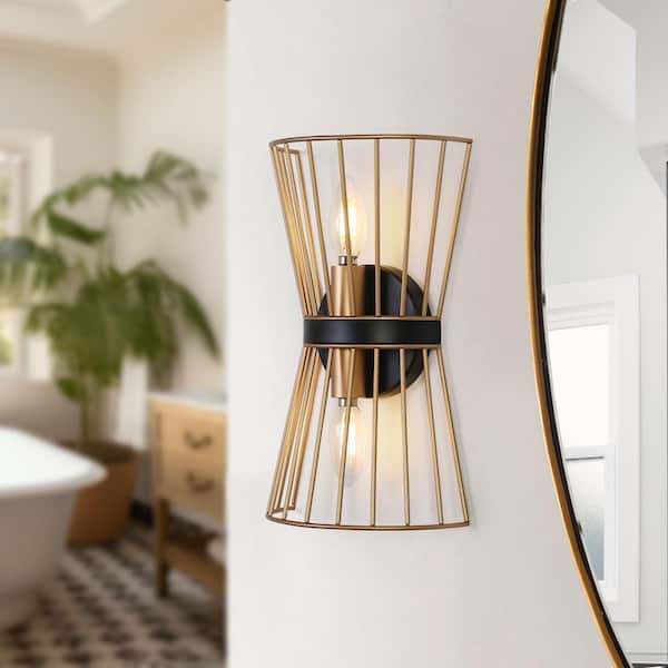 2-Light Black and Gold Wall Sconce with Metal Wire Cage Shades