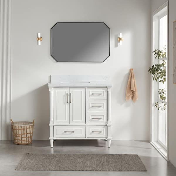 36 in. Solid Wood White Bath Vanity with Carrara White Cultured Marble Top, 5-Drawers, Soft-Closing, Assembled