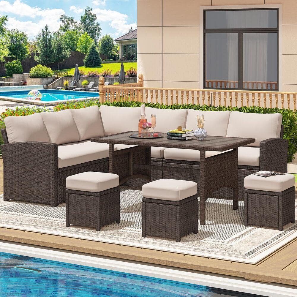 7-Piece Brown Wicker Outdoor Sectional Set with Khaki Cushions, Patio Furniture Set, Outdoor Sofa Set price history on PriceWatchPro