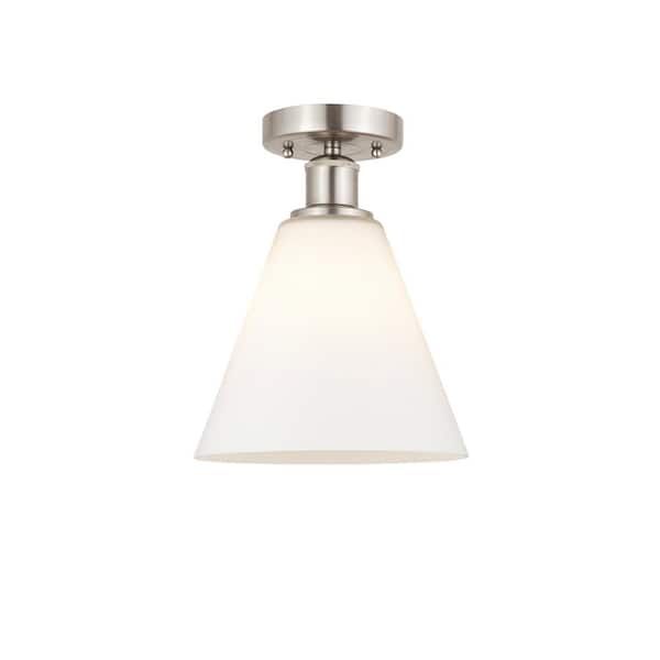 Innovations Berkshire 8 in. 1-Light Brushed Satin Nickel, Matte White Semi-Flush Mount with Matte White Glass Shade