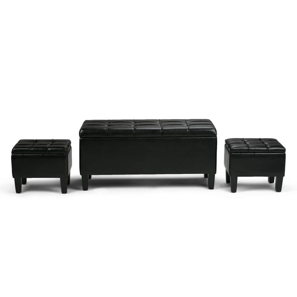 Dover Midnight Black Faux Leather 3-Piece Storage Ottoman Set