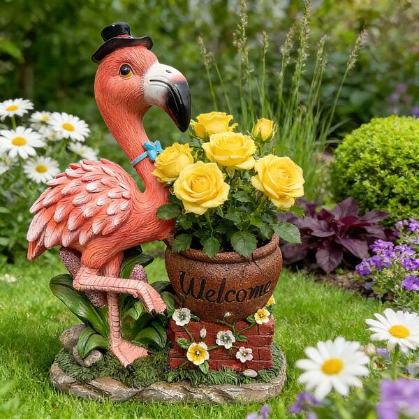 Outdoor Pink Resin Flower Pot, Garden Sculpture Flamingo Flower