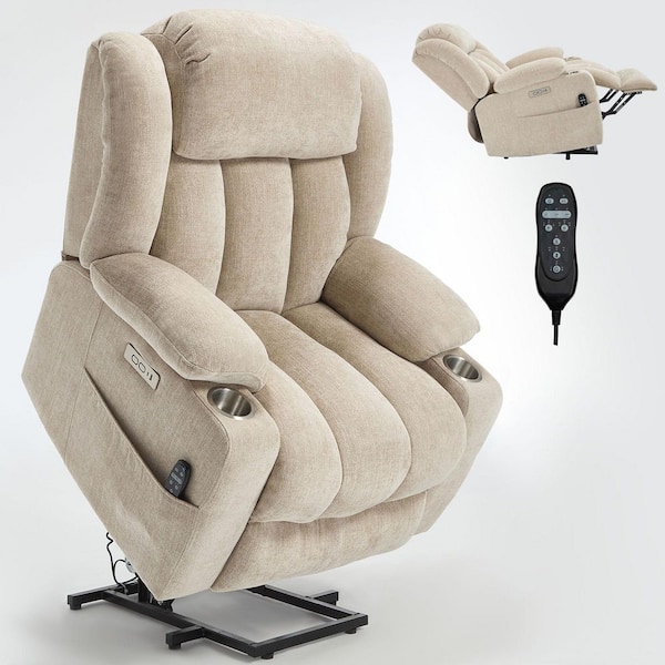 sumyeg 34.6 in. W Beige Chenille Power Lift Recliner Chair with Massage, Heating, USB and Type-C Ports and Cup Holders