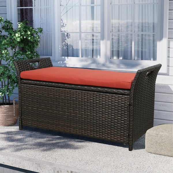 ULAX FURNITURE 40 Gal. Wicker Outdoor Storage Bench with Red Cushion