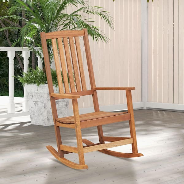 FORCLOVER Natural Wood Outdoor Rocking Chair with Smooth Rocking Base and Ergonomic High-Back