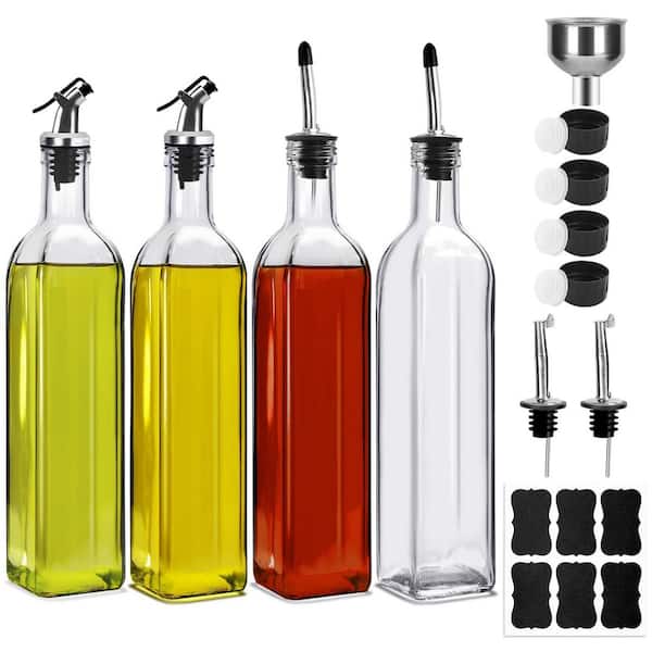 17 oz. Olive Oil Dispenser Bottles, Clear Glass Vinegar Cruet with Pourers and Funnel for Kitchen (4-Pack)