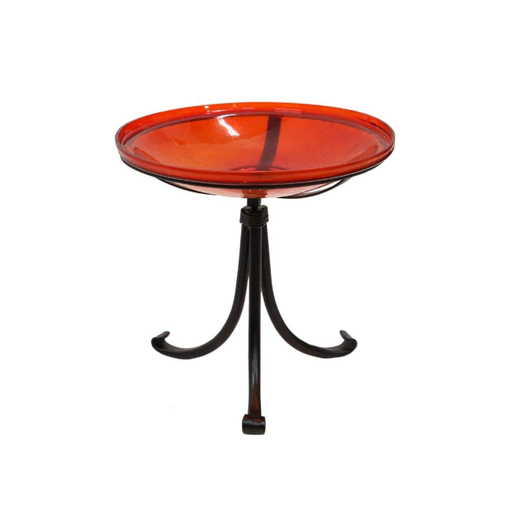 14" Red Crackle Glass Birdbath with Wrought Iron Tripod Stand