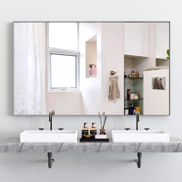 Unbranded 60 in. W x 36 in. H Rectangular Framed Wall Bathroom Vanity Mirror in Silver