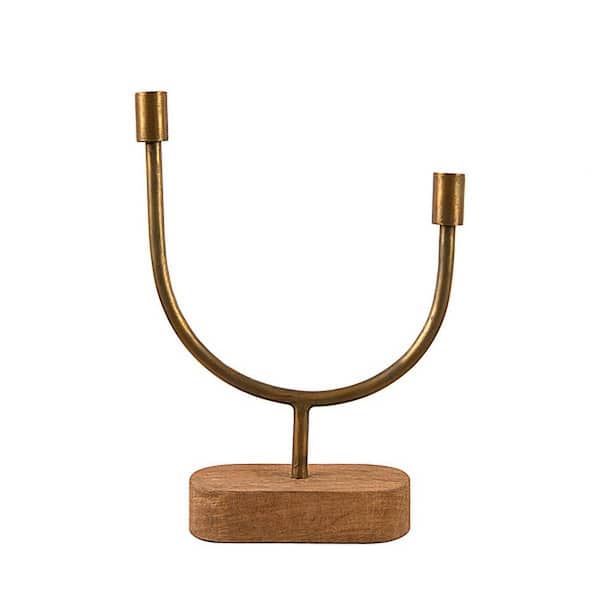 Asymmetrical Wood and Metal Taper Candle Holder, Gold