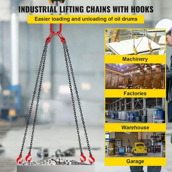 10 ft. x 5/16 in. Engine Chain Sling G80 Alloy Steel Hoist Lift Chain 3T with 4 Leg Grab Hooks Adjuster for Mining Ports