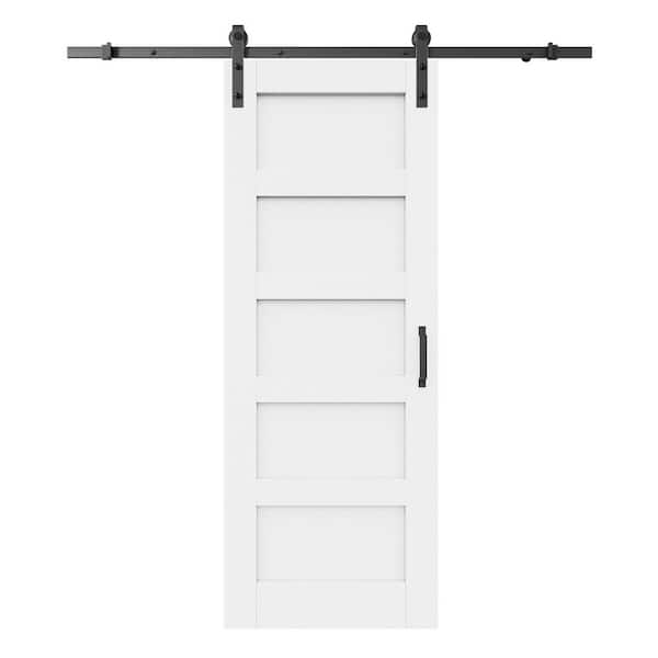 28 in. x 96 in. Waterproof 5 Panel White MDF Sliding Barn Door Slab with Installation Hardware Kit (without Soft Close)