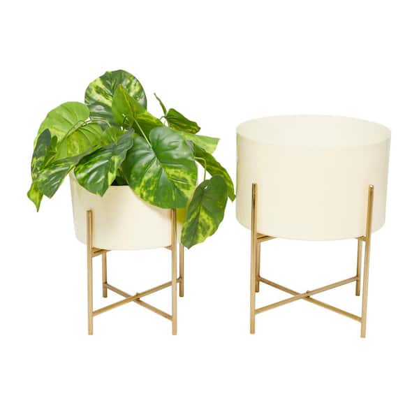 Litton Lane 15 in., and 12 in. Medium Cream Metal Planter with Removable Stand (2- Pack)