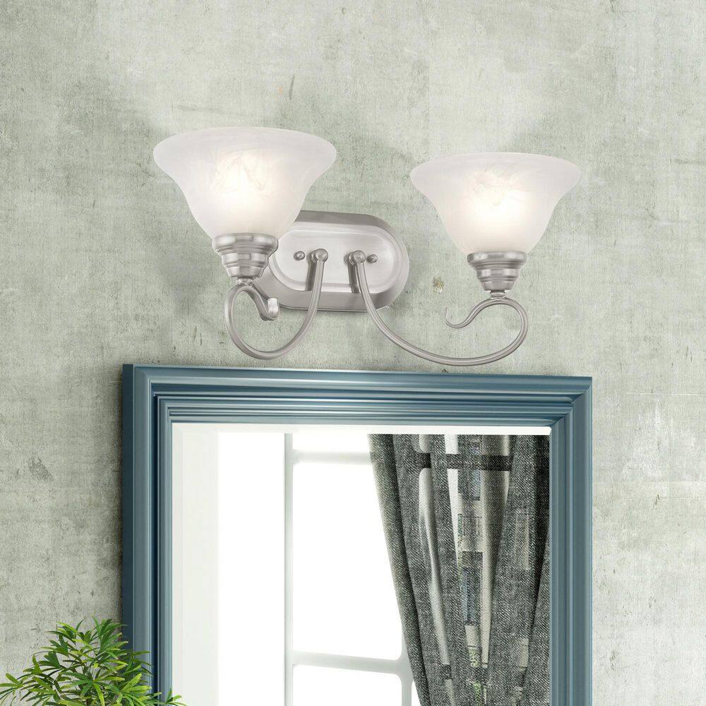 Brushed Nickel 2-Light Vanity with White Alabaster Glass