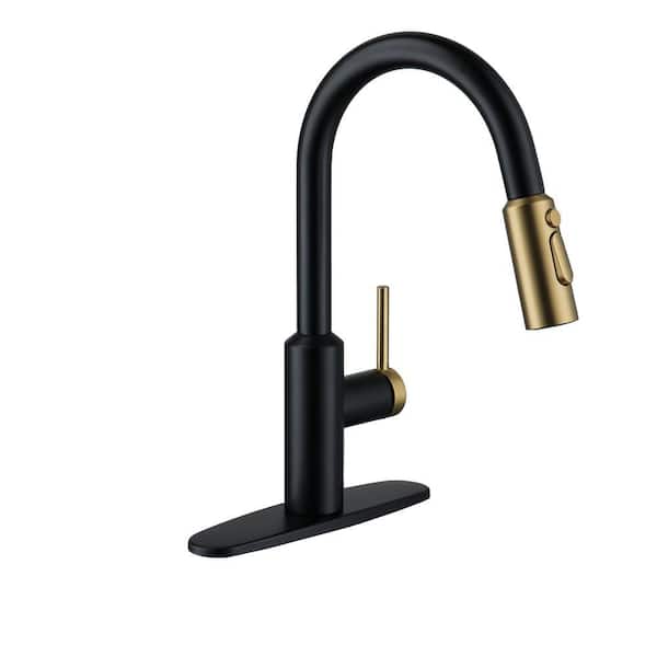 1.8 GPM 3-Spray Patterns Single Handle Pull Down Sprayer Kitchen Faucet with Deckplate in Matte Black & Brushed Gold