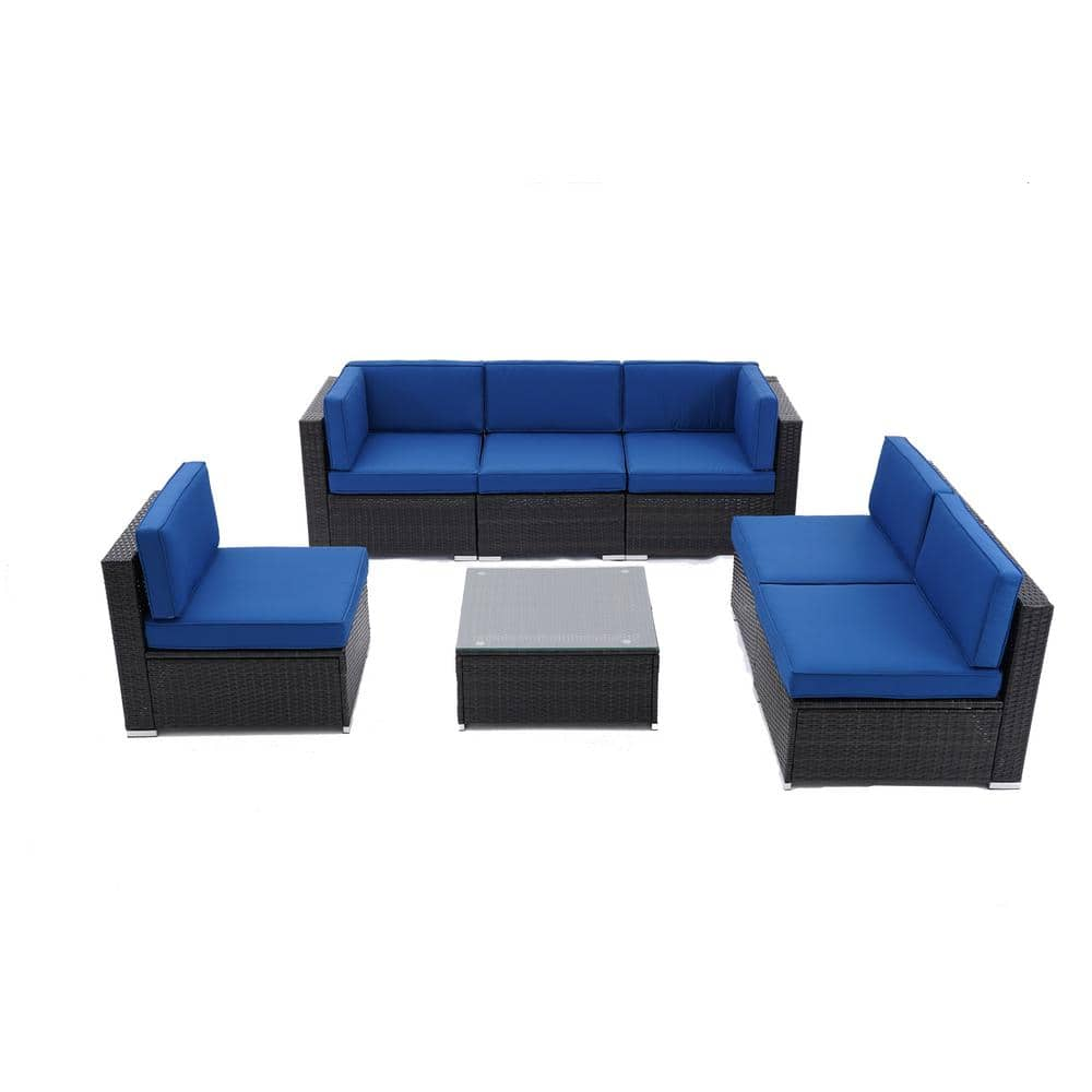 7-Pieces PE Wicker Outdoor Sectional with Blue Cushion WYBZJKF46 - The ...