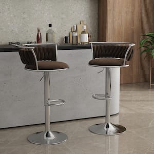 38.7 in. Swivel Adjustable Height Low Back Silver Metal Frame Bar Stool with Coffee Velvet Seat Cushion(set of 2)