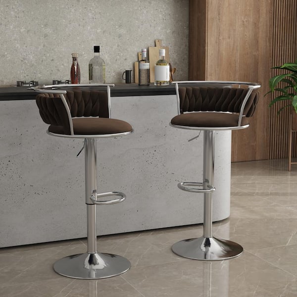 38.7 in. Swivel Adjustable Height Low Back Silver Metal Frame Bar Stool with Coffee Velvet Seat Cushion(set of 2)