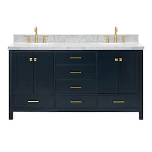 Cambridge 67 in.W x 22 in.D x 36 in.H Double Bath Vanity in Midnight Blue with Carrara White Marble Top with White Basin