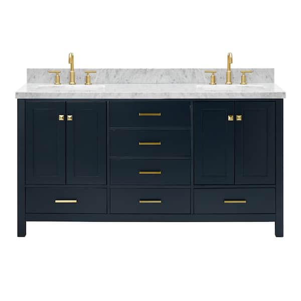 Cambridge 67 in.W x 22 in.D x 36 in.H Double Bath Vanity in Midnight Blue with Carrara White Marble Top with White Basin