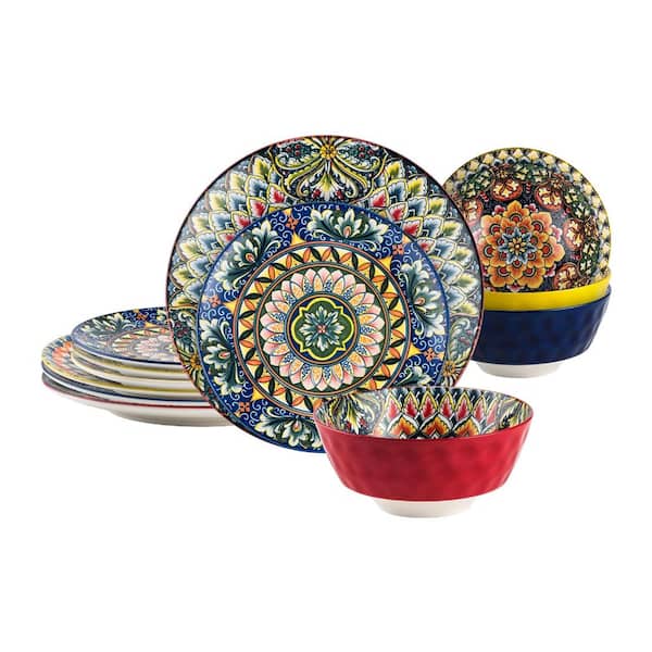 12-Piece Ceramic Dinnerware Set for 4 Bohemian Style Dinner Plates Dessert Plates and Soup Bowls in Set