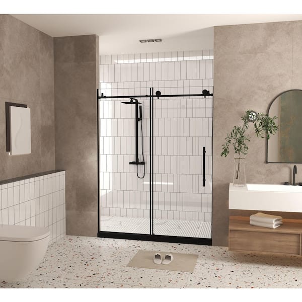 44-48 in. W x 76 in. H Sliding Frameless Shower Door in Matte Black Finish with Clear Glass