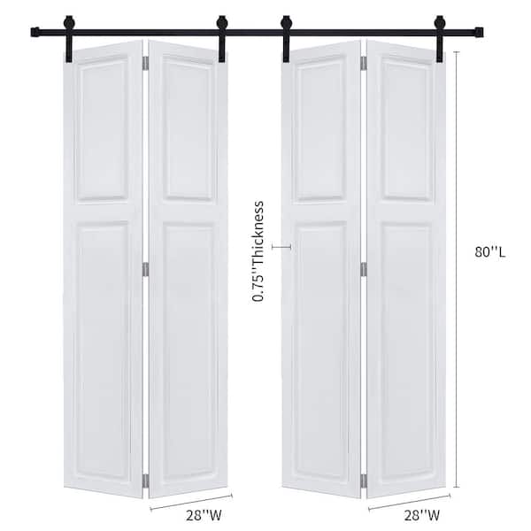 Dual 2-Panel Cottagestyle Bi-fold door 3/4 in. Thick 56 in. x 80 in. MDF White Barn Sliding Door With Hardware kit
