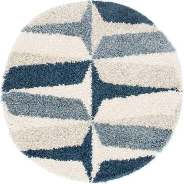 Unique Loom Hygge Shag Balanced Blue 5 ft. x 5 ft. Round Rug