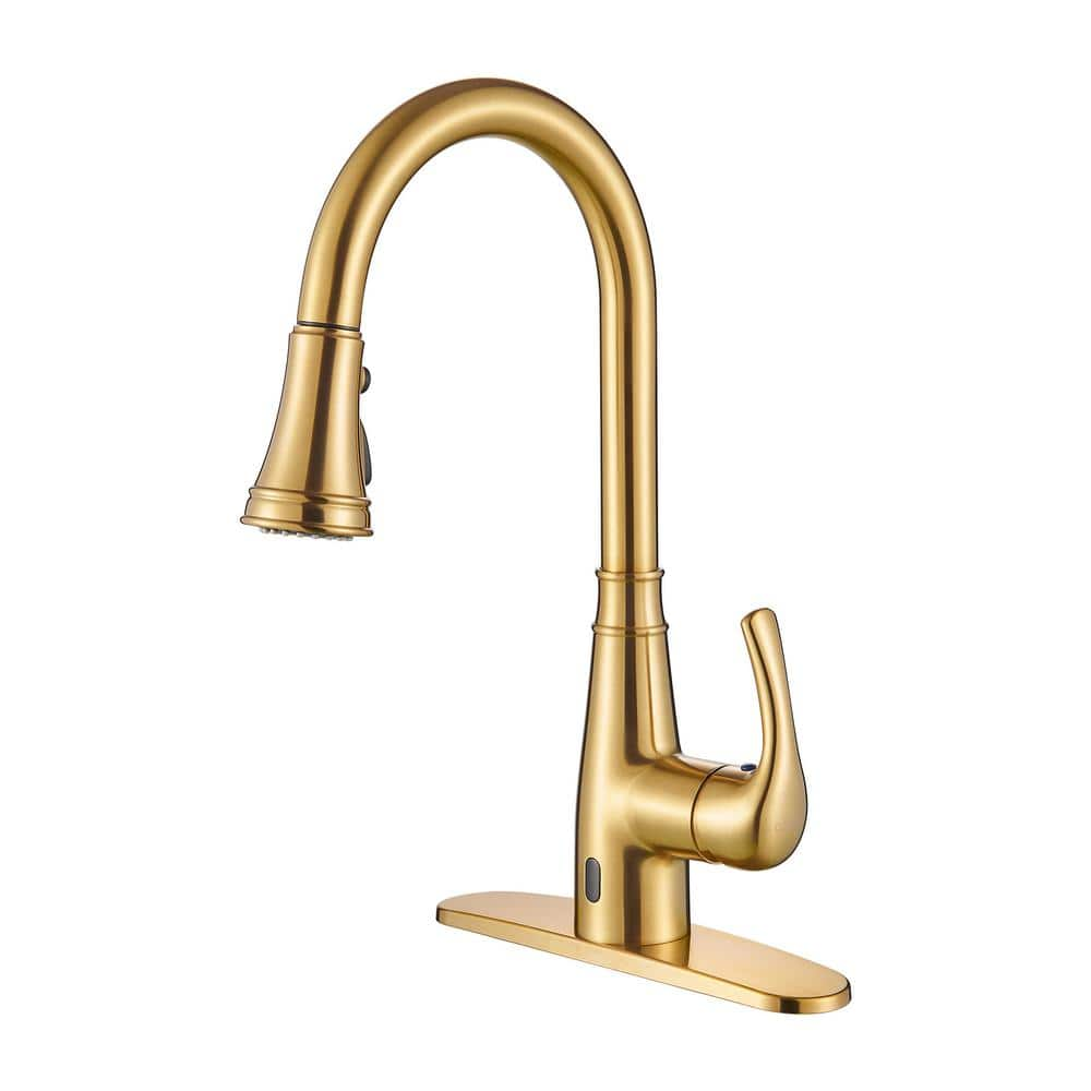 Touchless Single Handle Gooseneck Pull Down Sprayer Kitchen Faucet with Deckplate Pull Out Sink Faucet in Gold -  cobbe, H1B1TL3G4