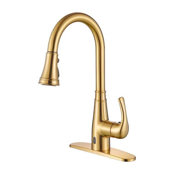 cobbe Touchless Single Handle Gooseneck Pull Down Sprayer Kitchen Faucet with Deckplate Included in Gold