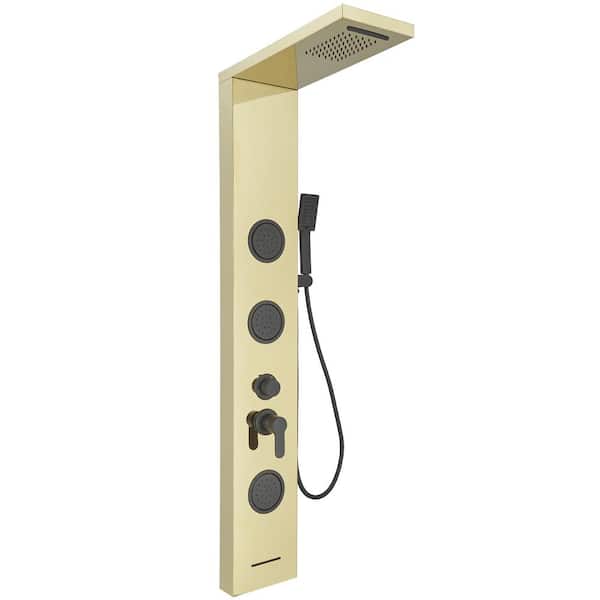 Dual 4-in-1 3-Jet Rainfall Shower Panel System with Rainfall Shower Head and Shower Wand in Black Gold