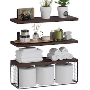16.5 in. W x 6 in. D Rustic Brown Wood Floating Bathroom Shelves Wall Mounted with Wire Basket Decorative Wall Shelf
