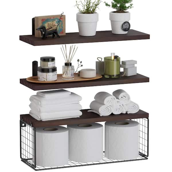 16.5 in. W x 6 in. D Rustic Brown Wood Floating Bathroom Shelves Wall Mounted with Wire Basket Decorative Wall Shelf