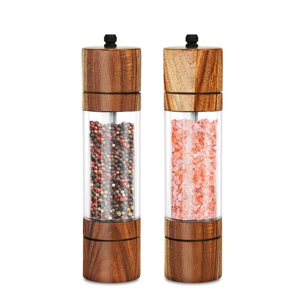 2-Pack Premium Acrylic Salt and Pepper Grinder Set, Wooden Shakers with Adjustable Ceramic Core, Acacia Brown
