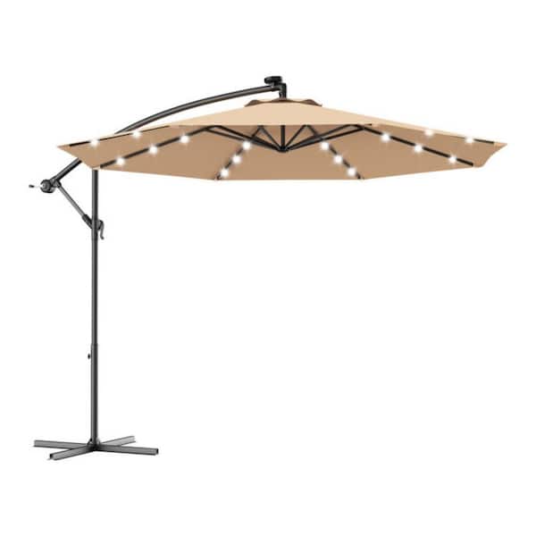 Clihome 10 ft. Cantilever Umbrella Patio Umbrella in Beige with Crank, 24 Solar LED Lights, Cross Base and 8 Sturdy Ribs