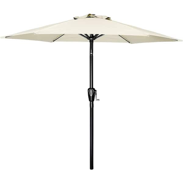 SOTEN RUGGED TABLET LLC Simple Deluxe 7.5 ft. Steel Market Tilt/Crank Patio Umbrella in Beige, with Push Button and 6 Sturdy Ribs for Deck Pool