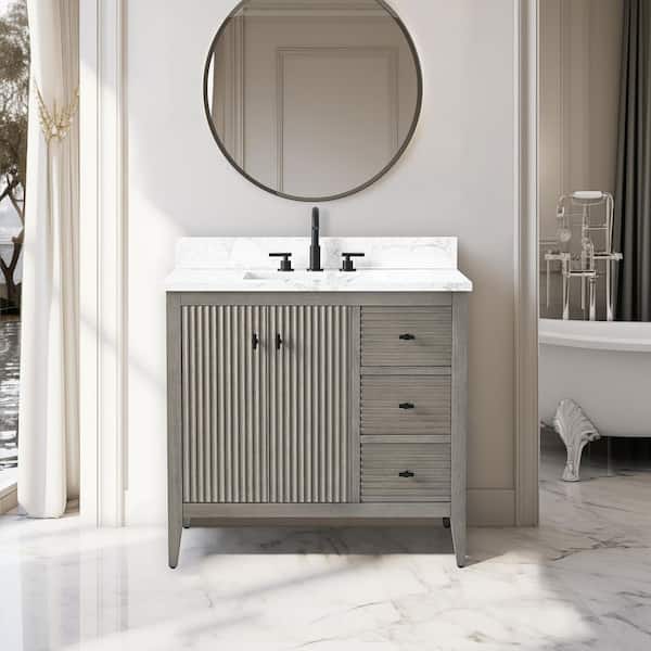 Vanity Art 36 in. W x 22 in D x 38 in. H Single Sink Bath Vanity Cabinet in Linear Driftwood Gray with White Engineered Marble Top