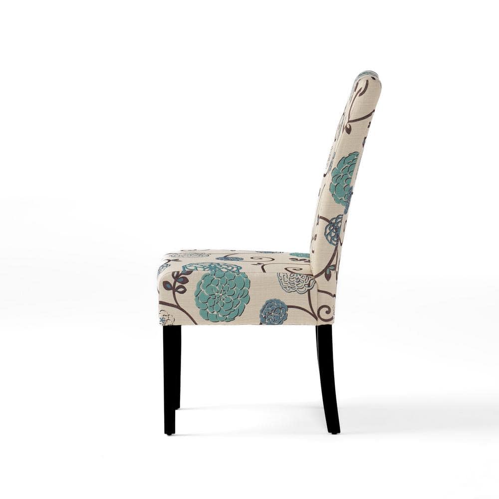 Light Beige and Blue Floral Upholstered Parsons Dining Chairs, Set of 4