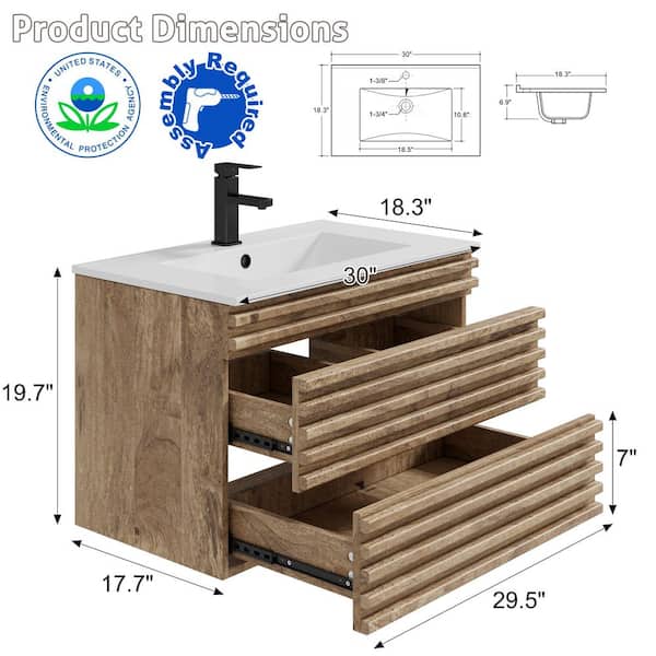 30 in. W x 18.3 in. D Single Sink Floating Oak Bath Vanity with White Integrated Advanced Composite Resin Top