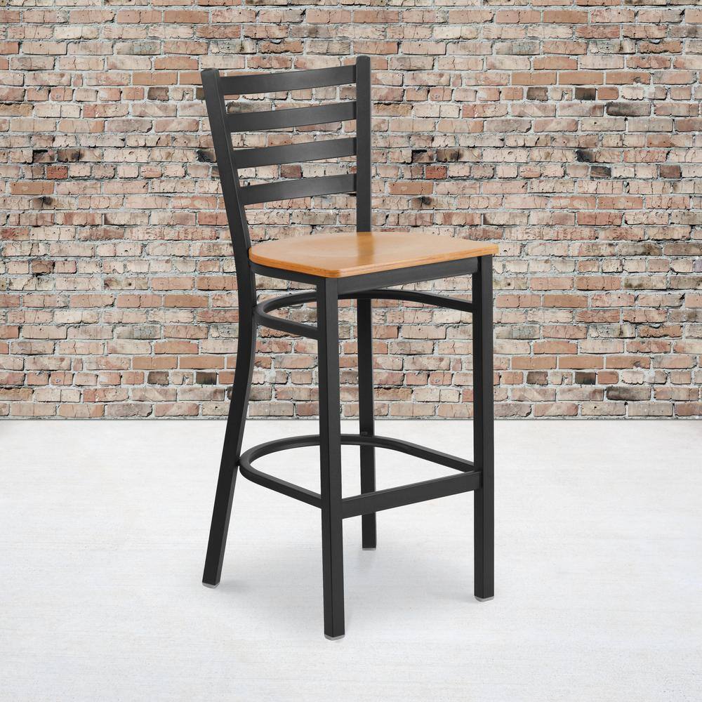 Black Metal Ladder Back Barstool with Natural Wood Seat