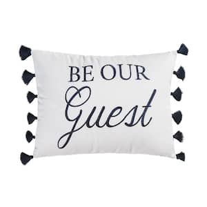Valentina Navy, White Be Our Guest Embroidered, Tassels 18 in. x 14 in. Throw Pillow