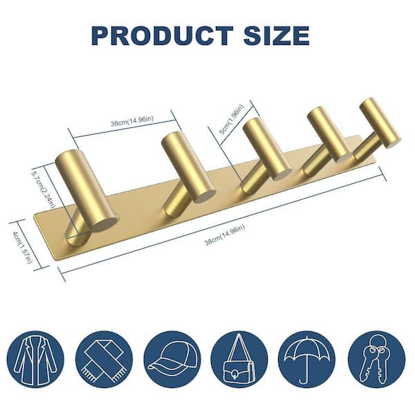 5 Hooks Towel Racks in Gold, Wall Mount Bathroom Hanger Organizer for Towels, Robes, Bags, and Keys