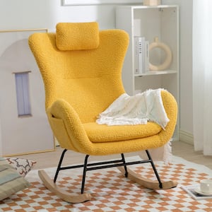 Yellow Polyester Rocking Chair with Side Pocket and Adjustable Headrest, Accent Chair for Living Room and Bedroom