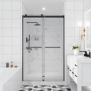 48 in. W x 76 in. H Double Sliding Frameless Shower Door in Matte Black with Clear Glass
