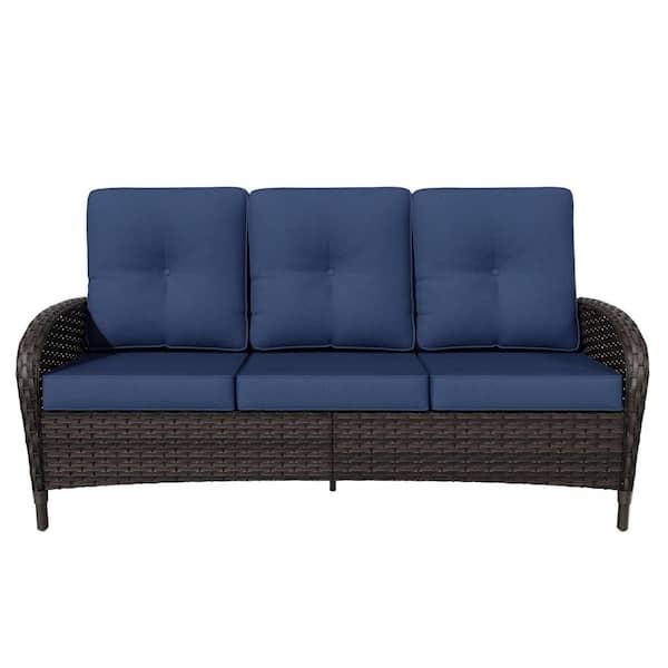 3-Seat Dark Brown Wicker Outdoor Couch Patio Couch Sofa with Blue Cushion